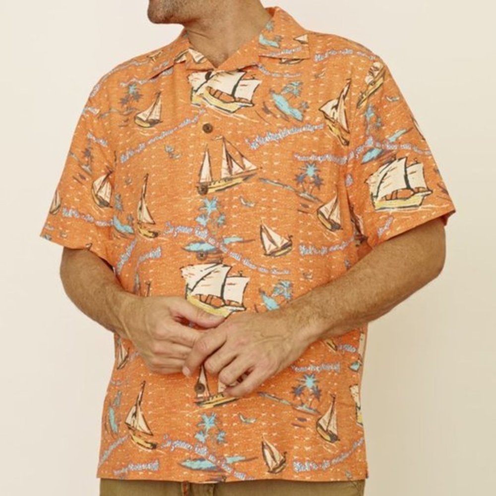 Men's Margaritaville Perfect Weather Hawaiian Button Up Orange Shirt